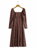 Robes Longues Femmes Imprimés à Col Carré avec Manches Longues Amples Bas Evasée Bicolores