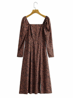 Robes Longues Femmes Imprimés à Col Carré avec Manches Longues Amples Bas Evasée Bicolores