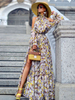 Robes Longues Femmes Imprimés à Col Montant avec Manches Longues Amples avec Epaule Dénudées Coupe Cintrée Elatique avec Fente Bas Evasée Multicolores