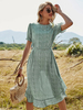 Robes Longues Femmes Imprimés à Col Rond avec Manches Courtes Amples Coupe Cintrée à Lacets Bas Evasée Volantes Bicolores
