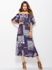Robes Longues Femmes Imprimés avec Manches Mi-longues Volantes avec Epaules Nues Coupe Cintrée Elastique