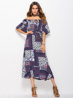 Robes Longues Femmes Imprimés avec Manches Mi-longues Volantes avec Epaules Nues Coupe Cintrée Elastique