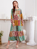 Robes Longues Femmes Imprimés les Fleurs à Col rond à Lacets avec Manches Longues amples Bas Evasée Cousu Multicolores