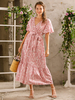 Robes Longues Femmes Imprimés Les Fleurs à Col V avec Manches Courtes Volantes Coupe Cintrée à Lacets Bas Evasée Bicolores