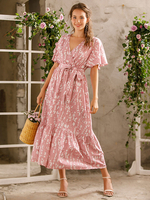 Robes Longues Femmes Imprimés Les Fleurs à Col V avec Manches Courtes Volantes Coupe Cintrée à Lacets Bas Evasée Bicolores