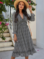 Robes Longues Femmes Imprimés Les Fleurs à Col V avec Manches Longues avec Volantes Coupe Cintrée Bas Evasée Bicolores