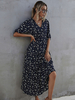 Robes Longues Femmes Imprimés les Fleurs à Col V avec Manches Mi-Longues Volantes Coupe Cintrée Bas Evasée Bicolores