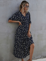 Robes Longues Femmes Imprimés les Fleurs à Col V avec Manches Mi-Longues Volantes Coupe Cintrée Bas Evasée Bicolores