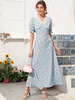 Robes Longues Femmes Imprimés Les Fleurs à Col V Cousu Les Dentelles avec Manches Courtes Amples Coupe Cintrée Bas Evasée