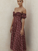 Robes Longues Femmes Imprimés les Fleurs avec Epaules Nues à Col V Coupe Cintrée Fermeture avec Boutons Bas Evasée Bicolores