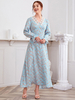 Robes Longues Femmes Imprimés Les Fleurs avec manches Longues Volantes Coupe Cintrée à Col V Cousu avec Dentelles Bas Evasée *