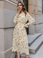 Robes Longues Femmes Imprimés Les Fleurs Coupe Cintrée avec Manches Longues Volantes à Col Rond à Lacets avec Noeud