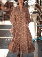 Robes Longues Femmes Imprimés Les Pois Bicolores à Col Rond Fermeture avec Boutons avec Manches Mi-Longues Décontracté