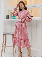 Robes Longues Femmes Imprimés Les Pois Ceinturé avec Col Rond avec Manches Longues Amples Bas Evasées