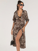 Robes Longues Femmes Imprimés Léopard avec Manchesx Longues avec Col Revers Coupe Cintrée Fermeture avec Boutons Fente Latérale Bicolores