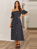 Robes Longues Femmes Imprimés Pois Eté Sexy avec Manches Courtes Amples Coupe Cintrée à Col Décolleté Bas Evasée Bicolores Robe Eté Sexy