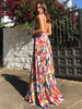 Robes Longues Femmes Imprimés robe fleurie avec Bretelles à Lacets à Col V Coupe Cintrée Bas Evasée Multicolores Robes Sexy Etés