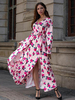 Robes Longues Femmes Imprimés robe fleurie Bohèmes à Col Décolleté en V avec Manches Longues Amples Coupe Cintrée à Lacets Fente Latérale Tricolores Robes Etés Sexy