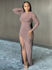 Robes Longues Femmes Moulantes à Col Rond avec Manches Longues Coupe Cintrée Fente Latérale Unicolore