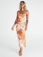 Robes Longues Femmes Moulantes en Soie Synthétique Imprimé sans Manches avec Bretelles à Lacets avec Epaules Nues Dos Nus Coupe Cintrée Bicolores Sexy