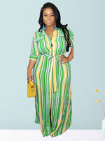 Robes Longues Grande Taille Imprimés Rayures à Col Revers avec Manches Mi-longues Coupe Cintrée à Lacets Bicolores Robes Etés Sexy
