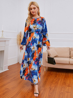 Robes Longues Grandes Tailles Femmes Imprimés Florales à Col Rond avec Manches Longues Volantes avec Boutons Coupe Cintrée Multicolores
