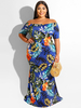 Robes Longues Grandes Tailles Imprimés Florales Moulantes avec Manches Courtes avec Epaule Dénudée Coupe Cintrée Robe de Sirène Multicolores Sexy Etés