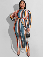 Robes Longues Grandes Tailles Longues Moulantes Imprimés Rayures à Col Montant avec Manches Longues Coupe Cintrée à Lacets Multicolores Sexy