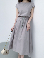 Robes longues gris manches courtes col bijou Maxi robe de longueur de plancher en polyester