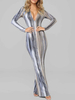 Robes longues grises femmes col en V manches longues tie dye robe de longueur de plancher