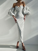 Robes Longues Imprimes en Pois Sexy en Satins Femmes avec Epaules Dénudées avec Manches Courtes Amples Coupe Cintrée à Col V Moulantes Bicolores