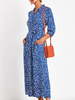 Robes Longues Imprimés avec Manches Mi-longues à Col Revers Coupe Cintrée avec Poches Bas Evasée Bicolores