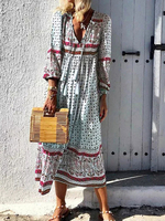 Robes Longues Imprimés Bohèmes Femmes à Col V à Lacets avec Manches Longues Amples Bas Evasée Multicolores