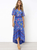 Robes Longues Imprimés Bohèmes Femmes à Col V avec Manches Courtes Volantes Coupe Cintrée Multicolores Robes Maxi