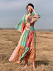 Robes Longues Imprimés Carreaux en Mousselines Femmes à Col Rond avec Manches Longues Volantes Coupe Cintrée Bas Evasée Multicolores Robes Eté Sexy