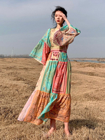 Robes Longues Imprimés Carreaux en Mousselines Femmes à Col Rond avec Manches Longues Volantes Coupe Cintrée Bas Evasée Multicolores Robes Eté Sexy