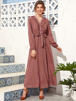 Robes Longues Imprimés en Mousselines Femmes Etés à Col V avec Manches Longues Amples Coupe Cintrée à Lacets Bas Evasée Bicolores Robes Longues Sexy