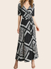 Robes Longues Imprimés en Mousselines Sexy Femme à Col V avec Manches Courtes Coupe Cintrée à Lacets Bas Evasée Bicolores