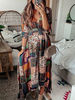 Robes Longues Imprimés Etés Femmes à Col Décolleté en V avec Manches Mi-longues Coupe Cintrée avec Boutons Bas Evasée Multicolores Sexy