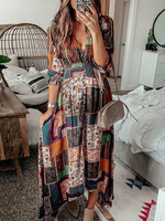 Robes Longues Imprimés Etés Femmes à Col Décolleté en V avec Manches Mi-longues Coupe Cintrée avec Boutons Bas Evasée Multicolores Sexy