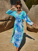 Robes Longues Imprimés Etés Femmes à Col V avec Manches Longues Coupe Cintrée à Lacets Elastique Fente Latérale Multicolores Sexy