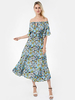 Robes Longues Imprimés Etés Femmes Bohèmes avec Epaule Dénudées avec Manches Courtes Volantes à Lacets Coupe Cintrée Elastique Bas Evasée Multicolores