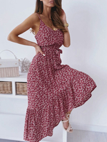 Robes Longues Imprimés Femmes avec Bretelles à Col Décolleté en V Coupe Cintrée à Lacets Bas Volants Cousu Bicolores Robes Etés Sexy
