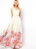 Robes Longues Imprimés Femmes en Mousselines avec Bretelles à Col V Coupe Cintrée Bas Evasée Multicolores Robes de Soirée Imprimés Florals