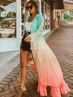 Robes Longues Imprimés Femmes Etés à Col V avec Manches Longues Volantes Bas Evasée avec Volants Multicolores