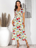 Robes Longues Imprimés Florales à Col Décolleté en V avec Manches Courtes Coupe Cintrée Multicolores Robes Eté Sexy