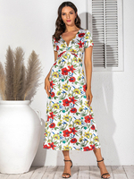 Robes Longues Imprimés Florales à Col Décolleté en V avec Manches Courtes Coupe Cintrée Multicolores Robes Eté Sexy