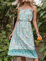 Robes Longues Imprimés Florales avec Bretelles à Col Carré sans Manches Coupe Cintrée Elastique Multicolores Robes Longues Etés Sexy
