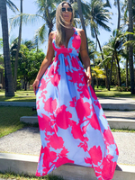 Robes Longues Imprimés Florales avec Bretelles à Col Décolleté en V sans Manches Coupe Cintrée Bas Evasée Bicolores avec Dos Nu Bicolores Robes Etés Sexy