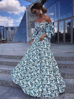 Robes Longues Imprimés Florales avec Manches Longues avec Epaule Dénudées Bas Evasée Bicolores Robes Longues Sexy Eté